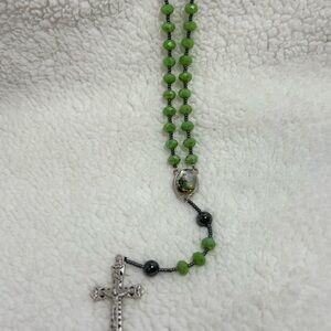 Green Beaded Rosary Necklace with Silver Cross